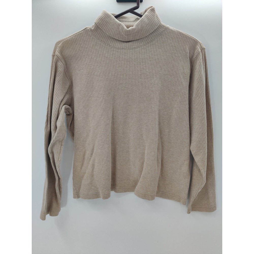 Liz Claiborne Womens Large Tan Ribbed Turtleneck Sweater 100% Cotton Long Sleeve